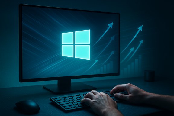 A person types at a keyboard as a Windows logo glows on the monitor with rising graphs.