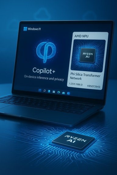 Windows 11 laptop screen shows Copilot+ on-device AI beside a Ryzen AI chip.