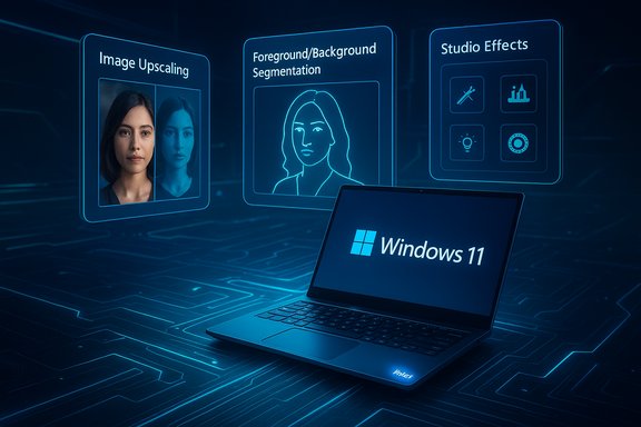 A Windows 11 laptop demonstrating AI features: image upscaling, foreground/background segmentation, and studio effects.