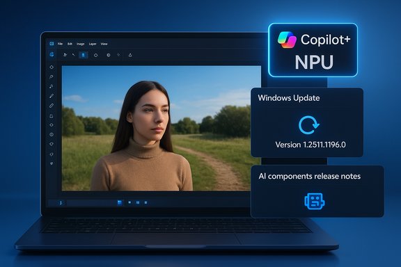 Laptop screen shows a photo-edit of a woman outdoors, with Copilot+ NPU and Windows Update notes.