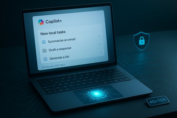 Laptop displays Copilot+ tasks: summarize an email, draft a response, generate a list, with a security shield icon.