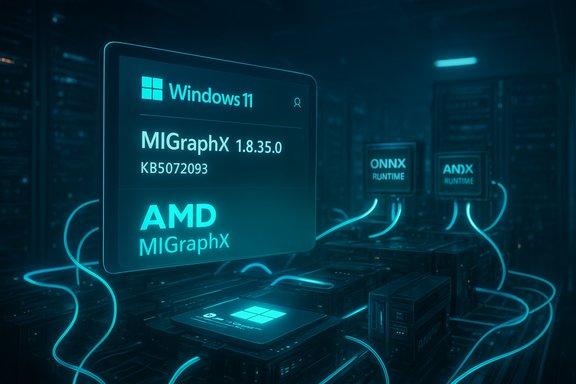 Neon-lit Windows 11 screen showing AMD MIGraphX in a futuristic data center.
