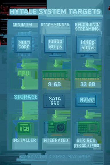 HYTALE system targets infographic detailing minimum, recommended, and streaming hardware.