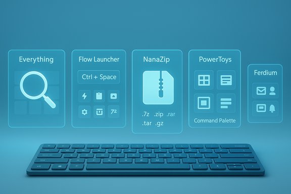 Blue holographic app panels hover above a sleek keyboard.