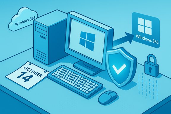 A Windows PC connected to Windows 365 cloud, with a security shield and calendar date October 14.