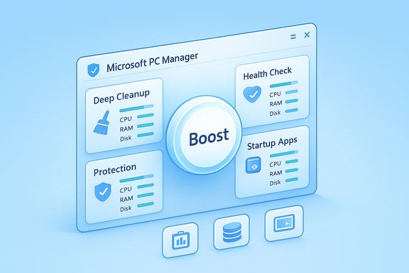 Isometric UI of Microsoft PC Manager with a central Boost button and modules: Deep Cleanup, Health Check.