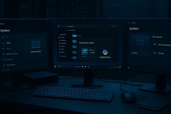 Blue-tinted three-monitor workstation displaying system UI and file tools.