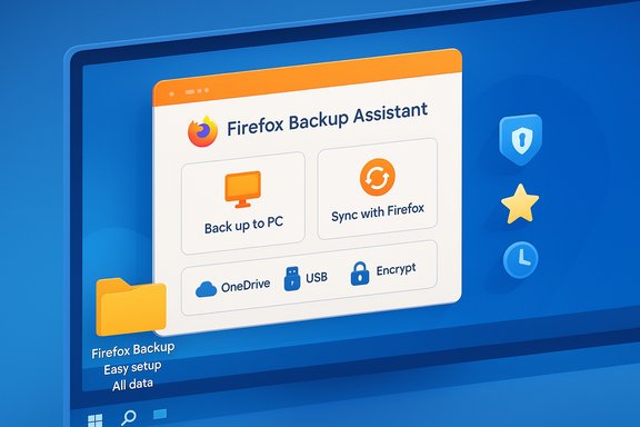 Firefox Backup Assistant window on a blue desktop, showing Back up to PC and Sync with Firefox options.