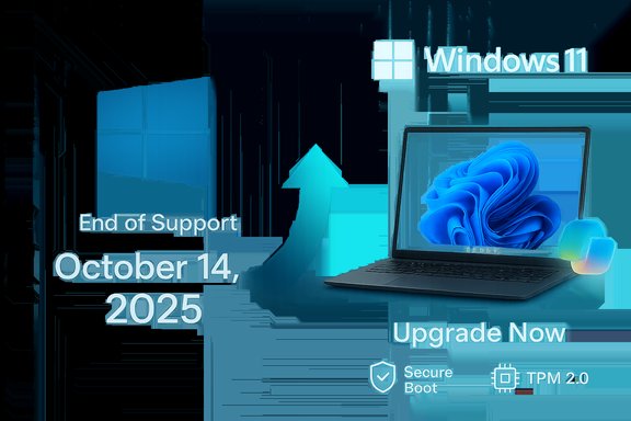 Windows 11 promo announcing end of support on October 14, 2025 and urging upgrade.