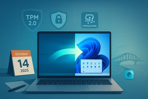 Blue-toned desk with a Windows laptop, Oct 14, 2025 calendar, and TPM 2.0, security, virtualization icons.