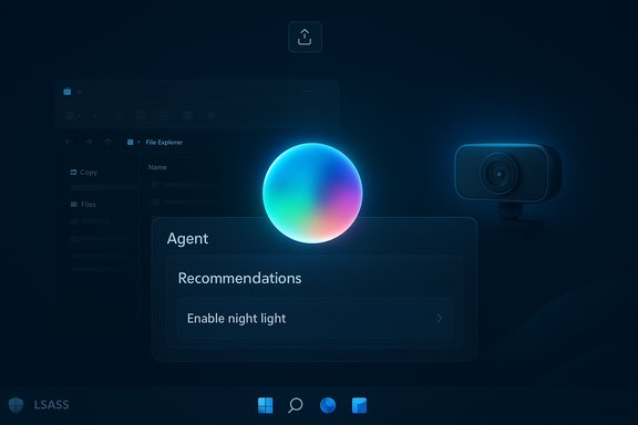 A futuristic dark desktop UI featuring a glowing gradient orb, a file explorer window, and a webcam.