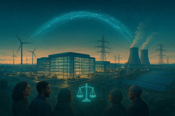 Diverse group contemplates the balanced future of wind, solar, and nuclear energy in a futuristic city.