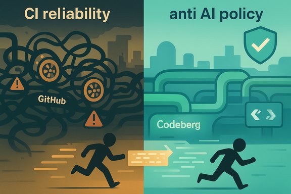 Split illustration: left shows CI reliability chaos at GitHub, right shows anti-AI policy at Codeberg.