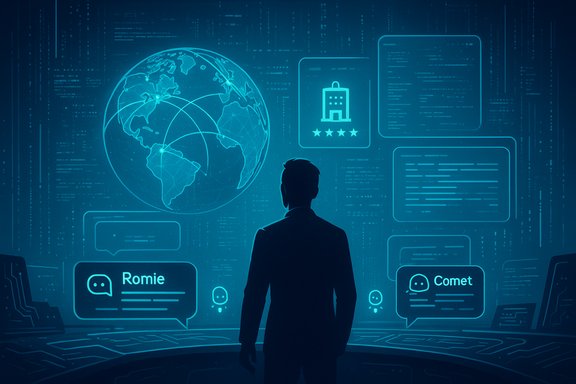 A silhouette stands before a blue holographic display featuring a globe and chat panels.