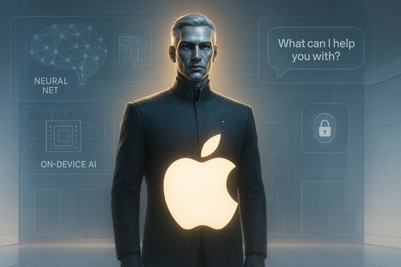 Futuristic figure with a glowing Apple emblem on the chest, surrounded by AI holograms.