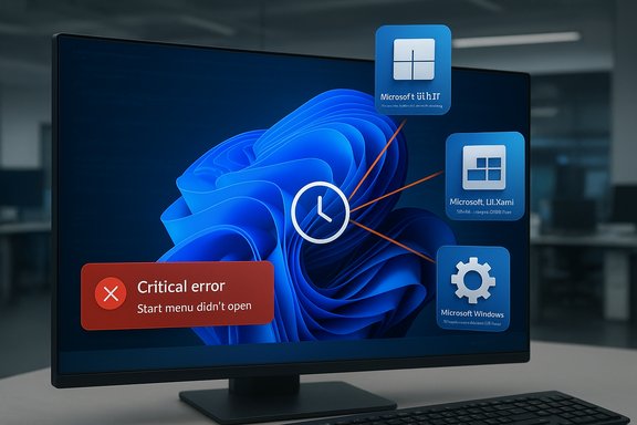 Monitor displays Windows with a red “Critical error” alert and floating app icons.