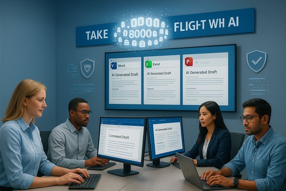 Diverse team reviews AI-generated drafts on multiple screens in a blue, modern conference room.
