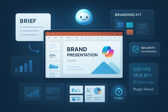 Brand presentation on a laptop, surrounded by branding-kit elements, charts, and governance icons.