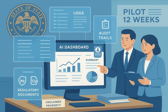 Two professionals review an AI dashboard with logs, audit trails, and regulatory docs.