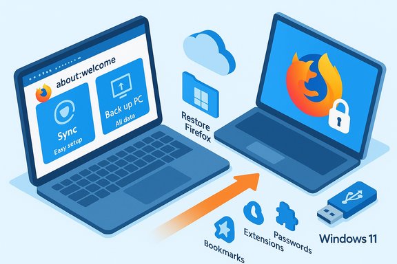 Two laptops display Firefox backup/restore and sync features with Windows 11 and cloud icons.