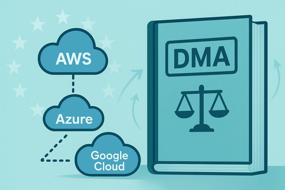 The DMA regulation book sits beside major clouds: AWS, Azure, and Google Cloud.