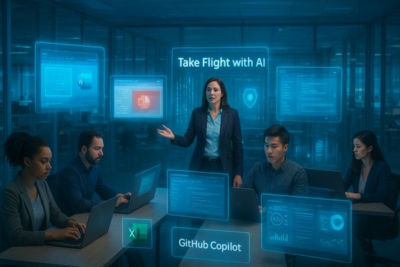 A presenter leads a team as holographic AI dashboards glow, displaying “Take Flight with AI.”