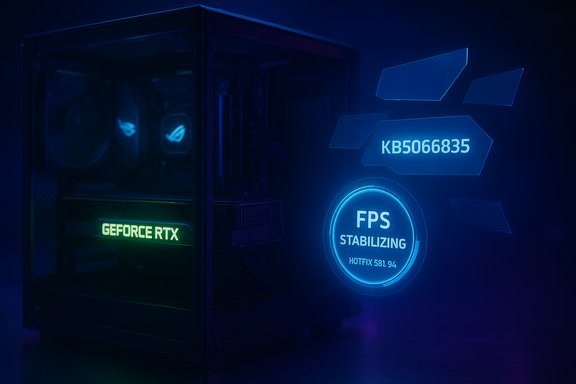 A neon-lit PC showcasing GeForce RTX branding and a holographic FPS stabilization readout.