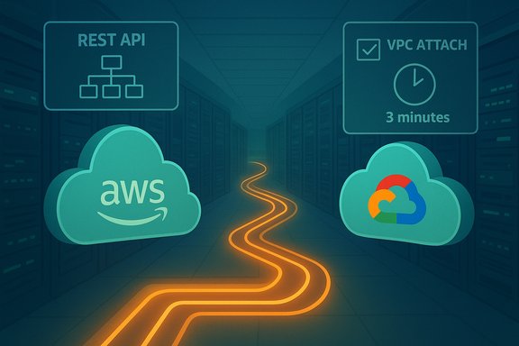 Data-center corridor with AWS and Google Cloud logos, REST API and VPC attach signs, and a glowing orange data path.
