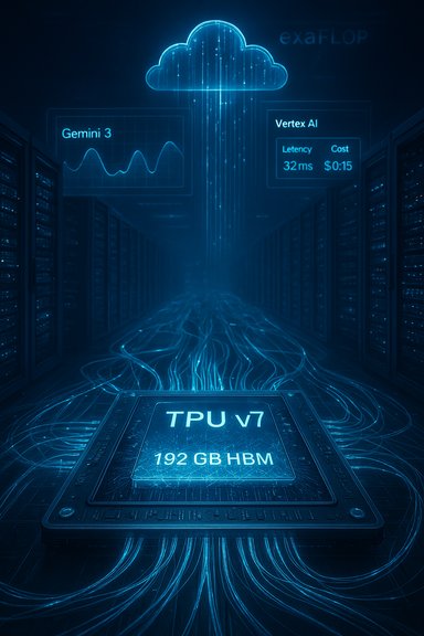 Futuristic blue data center with a glowing TPU v7 chip and cloud AI visuals.