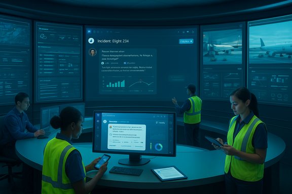 Airport operations center staff monitor incidents and aircraft data on curved wall screens.