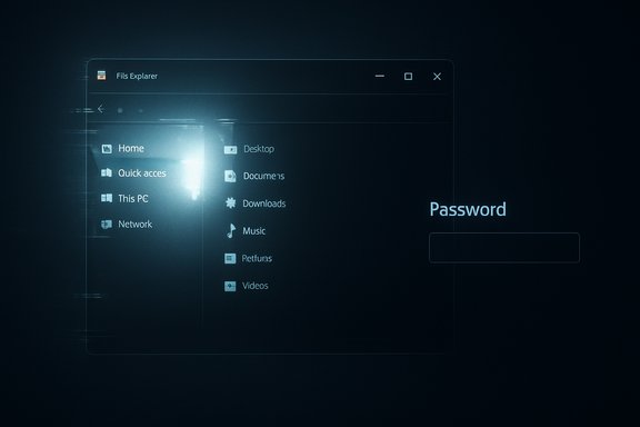 Glitchy neon-blue Windows File Explorer interface with a password entry field.