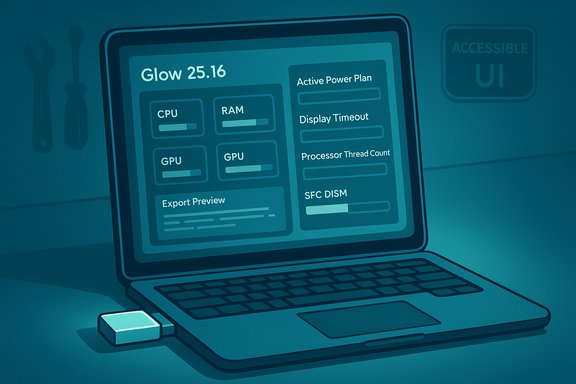 A laptop screen glows with a dashboard showing CPU, RAM, GPU, and power-plan widgets.