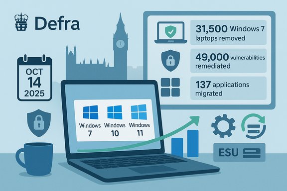 Defra infographic showing Windows 7 migration: laptops removed, vulnerabilities remediated, apps migrated.