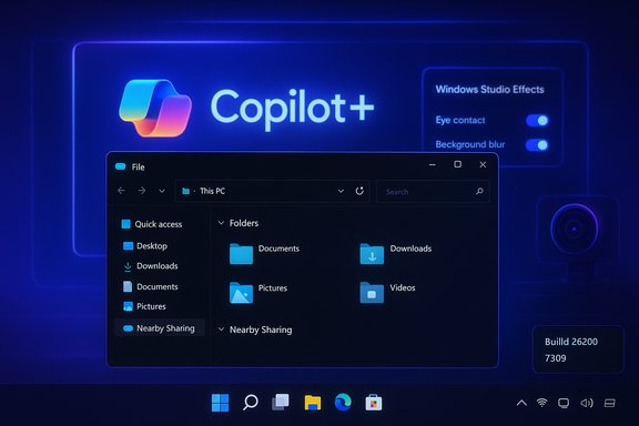 Futuristic Windows UI featuring Copilot+ and a dark File Explorer window.