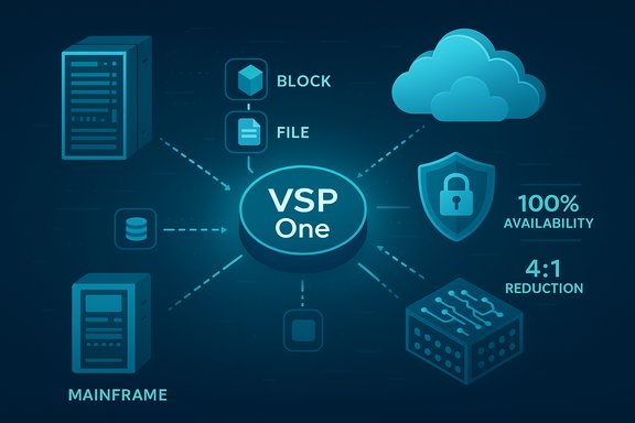 Central VSP One hub connects mainframe, block, file, and cloud for 100% availability.
