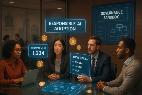 A diverse team discusses responsible AI adoption using holographic dashboards and audit trails.