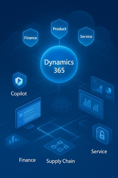 Dynamics 365 central hub linking Finance, Product, Service, Copilot, and more.