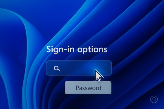 Sign-in options screen on a blue abstract background, with a cursor over the search box and a Password field. Sign-in options screen on a blue abstract background, with a cursor over the search box and a Password field.