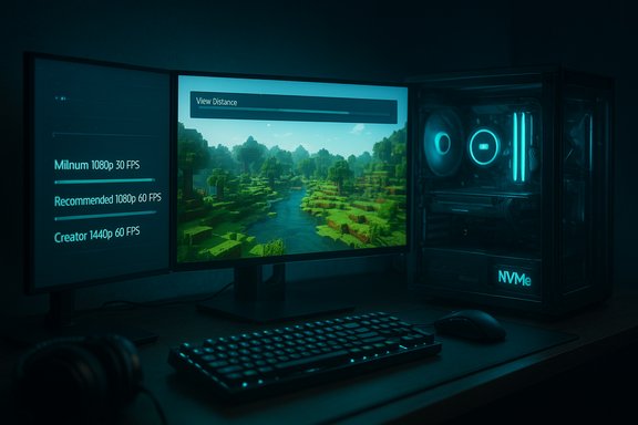 A neon-lit gaming setup with Minecraft on the monitor and an NVMe PC case.