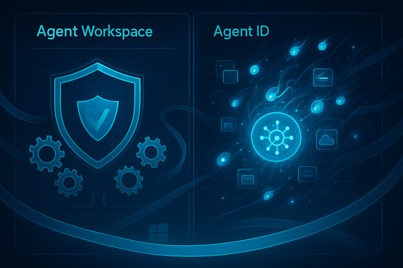 Futuristic blue UI showing Agent Workspace with shield and gears, and Agent ID with a neural core.