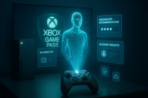 A blue holographic avatar floats above a gamepad beside Xbox Game Pass branding.