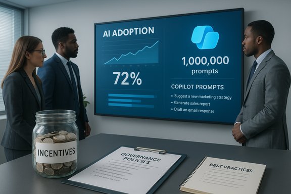 Team analyzes AI adoption metrics and incentives in a business meeting.