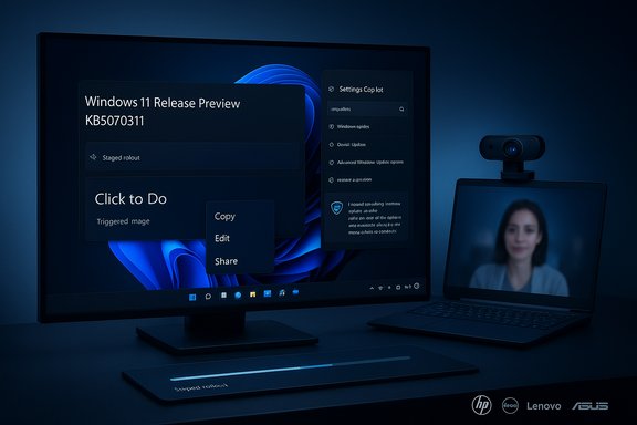Windows 11 Release Preview displayed on a monitor beside a webcam-equipped laptop under blue ambient lighting.