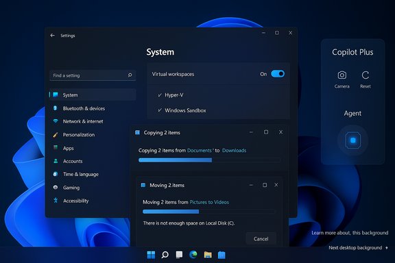 Windows 11 Settings window showing System options and Copilot Plus panel.