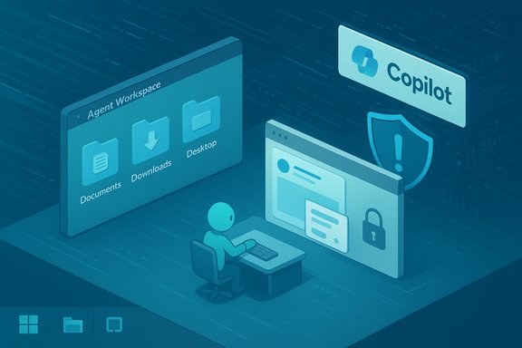 Isometric scene of a user at a desk in a Copilot-branded secure agent workspace.