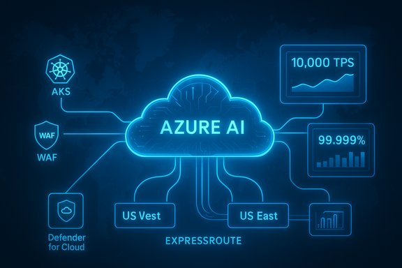 Glowing blue Azure AI cloud diagram showing network connections, security, and performance metrics.