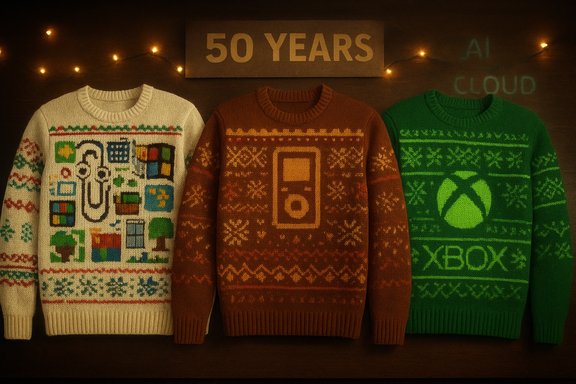 Three festive sweaters: medical-tech, iPod, and Xbox logos under a 50 YEARS sign.