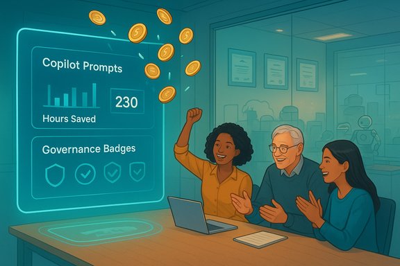 Team celebrates hours saved and governance badges from Copilot prompts as coins fly.