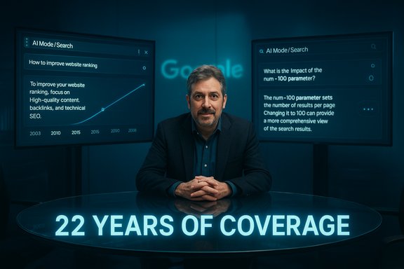 A man sits at a glowing desk reading '22 YEARS OF COVERAGE' with AI screens behind.