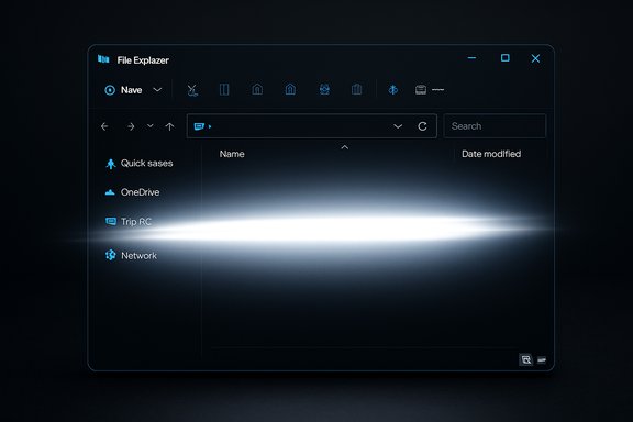 Dark File Explorer UI with blue neon icons and a bright horizontal glow.